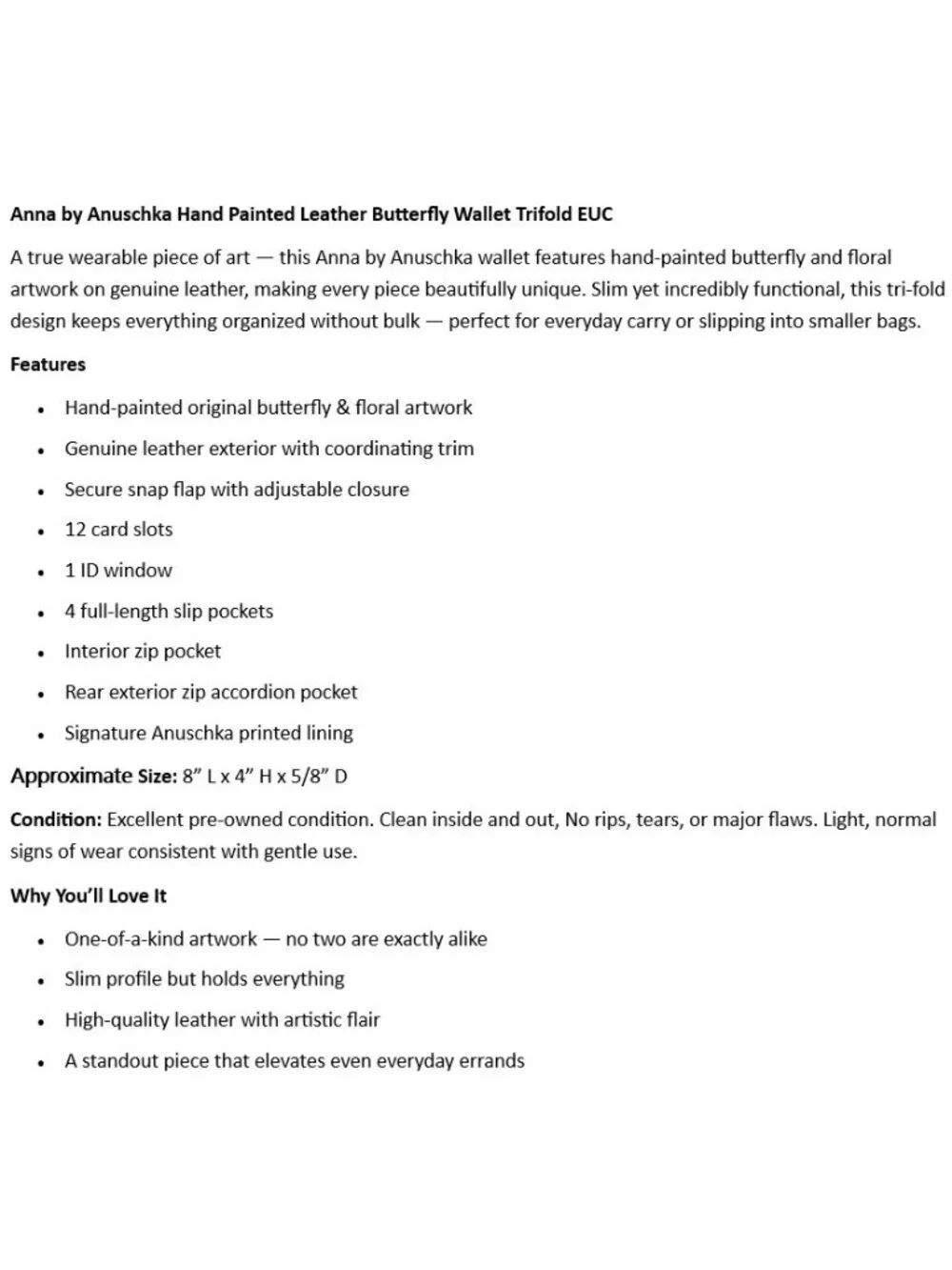 Anna by Anuschka Hand Painted Leather Butterfly Wallet Trifold EUC - Picture 2 of 8